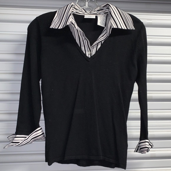 Black Sweater with Attached B&W Striped Collar - Picture 2 of 3